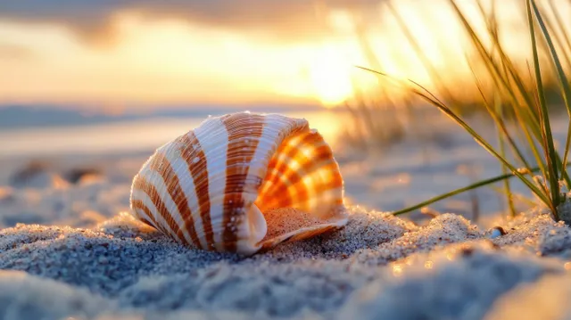 A seashell sits on sand near sea grass as the sunset glows with a blurred ocean behind.