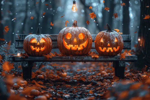 Glowing jack-o’-lanterns rest on a wooden bench in a dark forest with falling autumn leaves and scattered warm light.