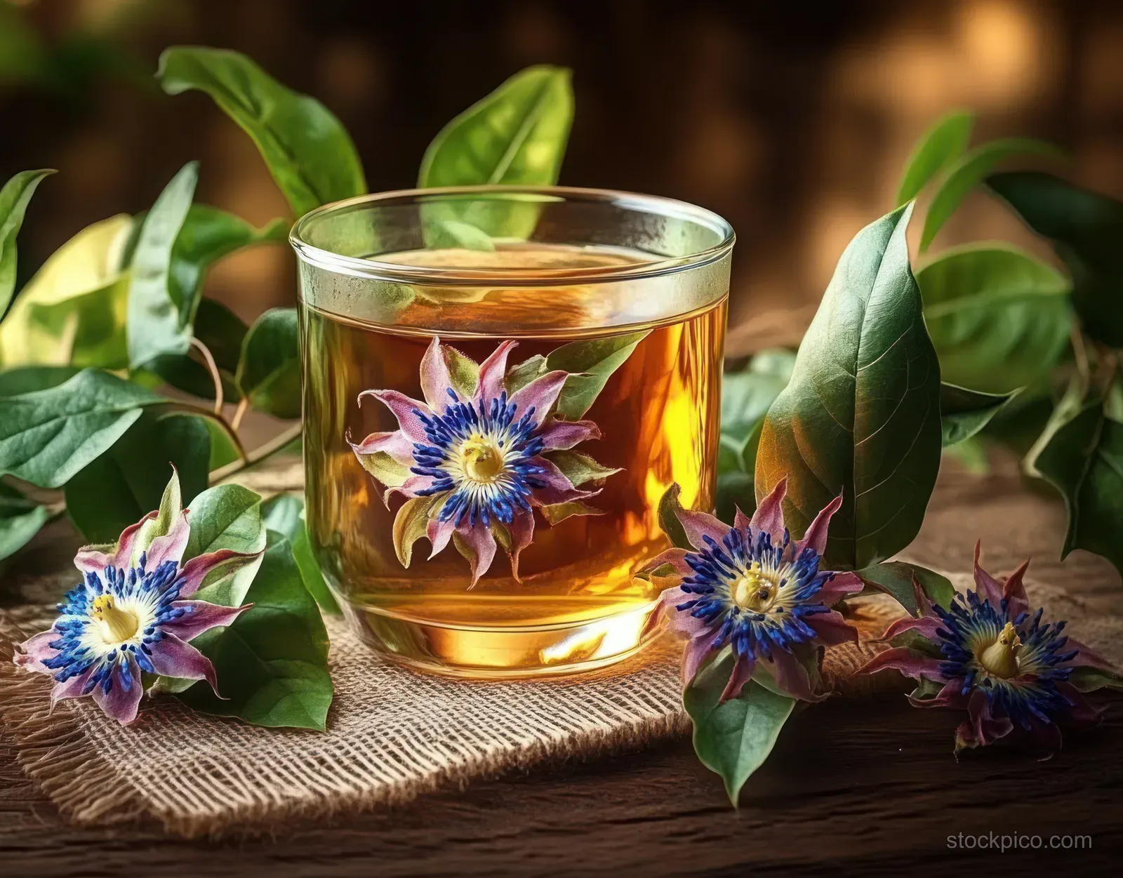 Amber herbal tea in a glass cup with passion flowers and fresh green leaves on a rustic wooden surface.