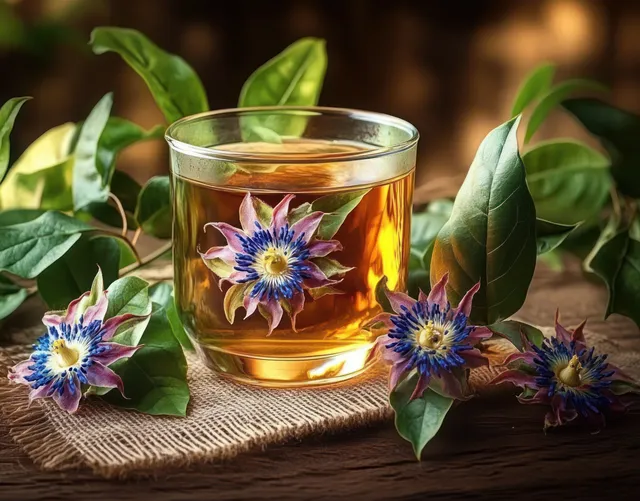 Amber herbal tea in a glass cup with passion flowers and fresh green leaves on a rustic wooden surface.