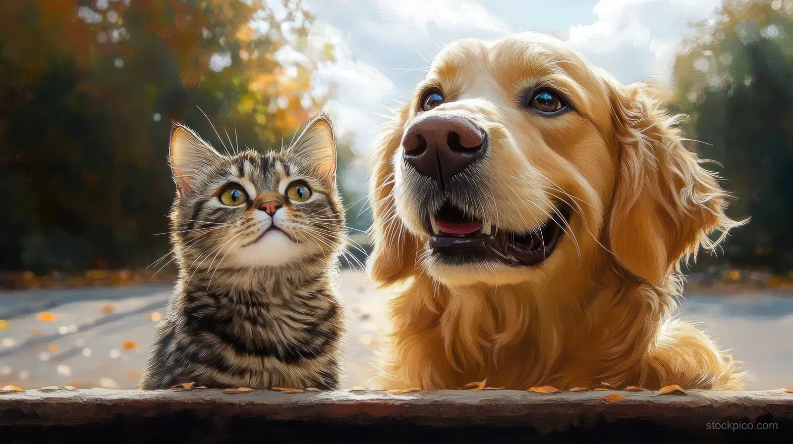 Tabby kitten and golden retriever sit side by side outdoors with autumn leaves and warm sunlight behind them.