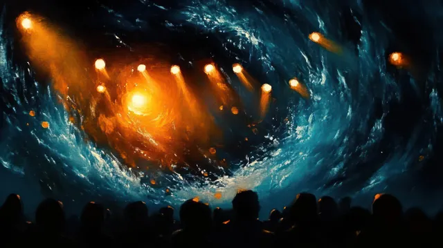 Silhouetted crowd watching a glowing orange-and-blue spiral galaxy spectacle in a dark theater-like hall