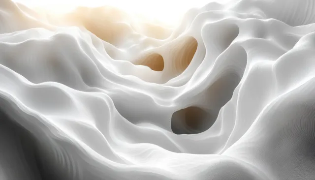 Soft white 3D folds with subtle beige voids swirling like liquid waves