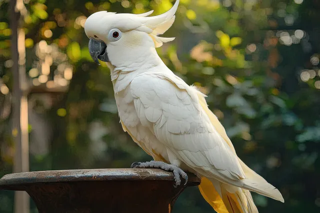 Sulphur-crested cockatoo perched on a rustic pole in a lush green garden