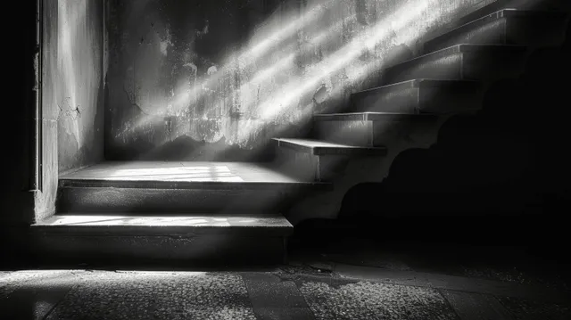 Black and white staircase with sunlight beams casting dark shadows on concrete steps.