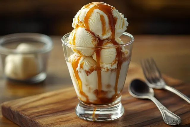 Vanilla ice cream scoops in a glass with dripping caramel on a wooden board