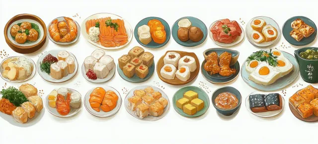 Colorful assortment of sushi, dumplings, rolls, small cakes, and dipping sauces arranged on white plates.