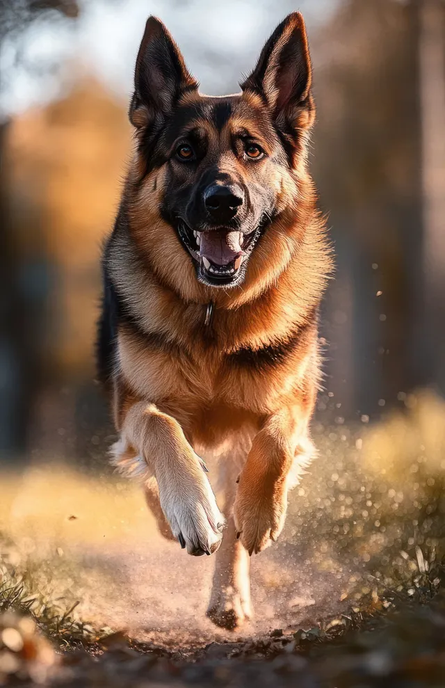 Energetic German shepherd sprinting along an autumn dirt trail with dust in golden light