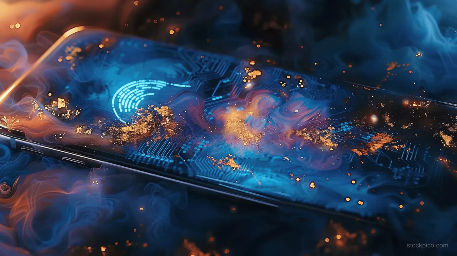 A transparent-display smartphone shows a fingerprint verification interface with two-factor authentication glowing above a cyber network scene.