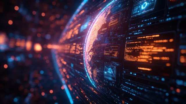 Cyberpunk digital sphere connects glowing data panels in a neon network tunnel