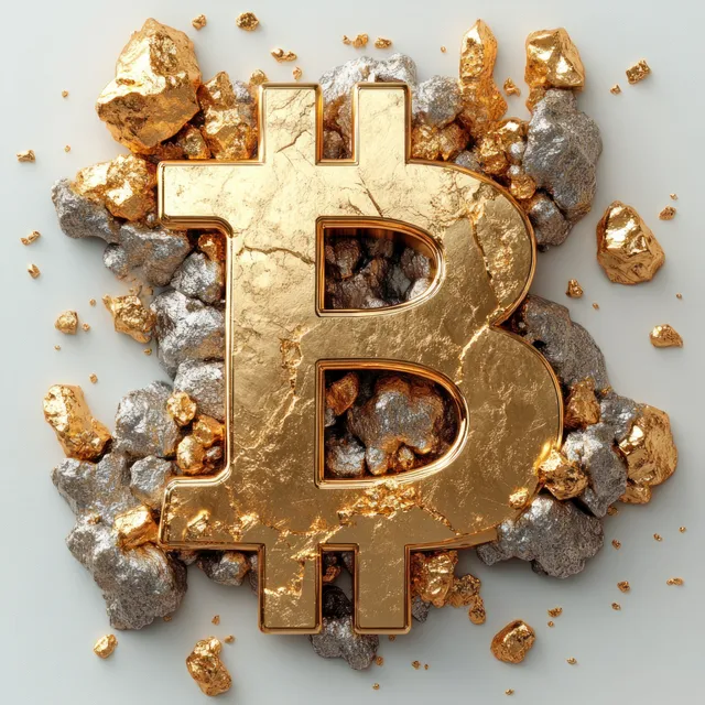 A metallic gold bitcoin symbol is embedded in shiny gold and ore nuggets alongside a mining pickaxe, symbolizing cryptocurrency value.