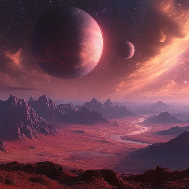 Alien desert valley with jagged mountains beneath two glowing planets and swirling colorful nebula in a starry sky.