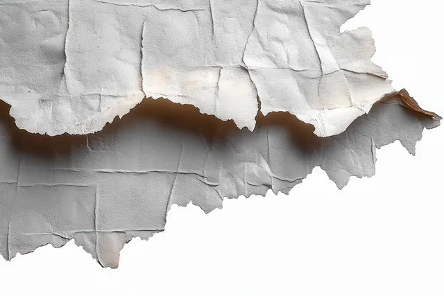 Peeling white paint reveals a cracked, textured wall surface with dark shadows in close-up.