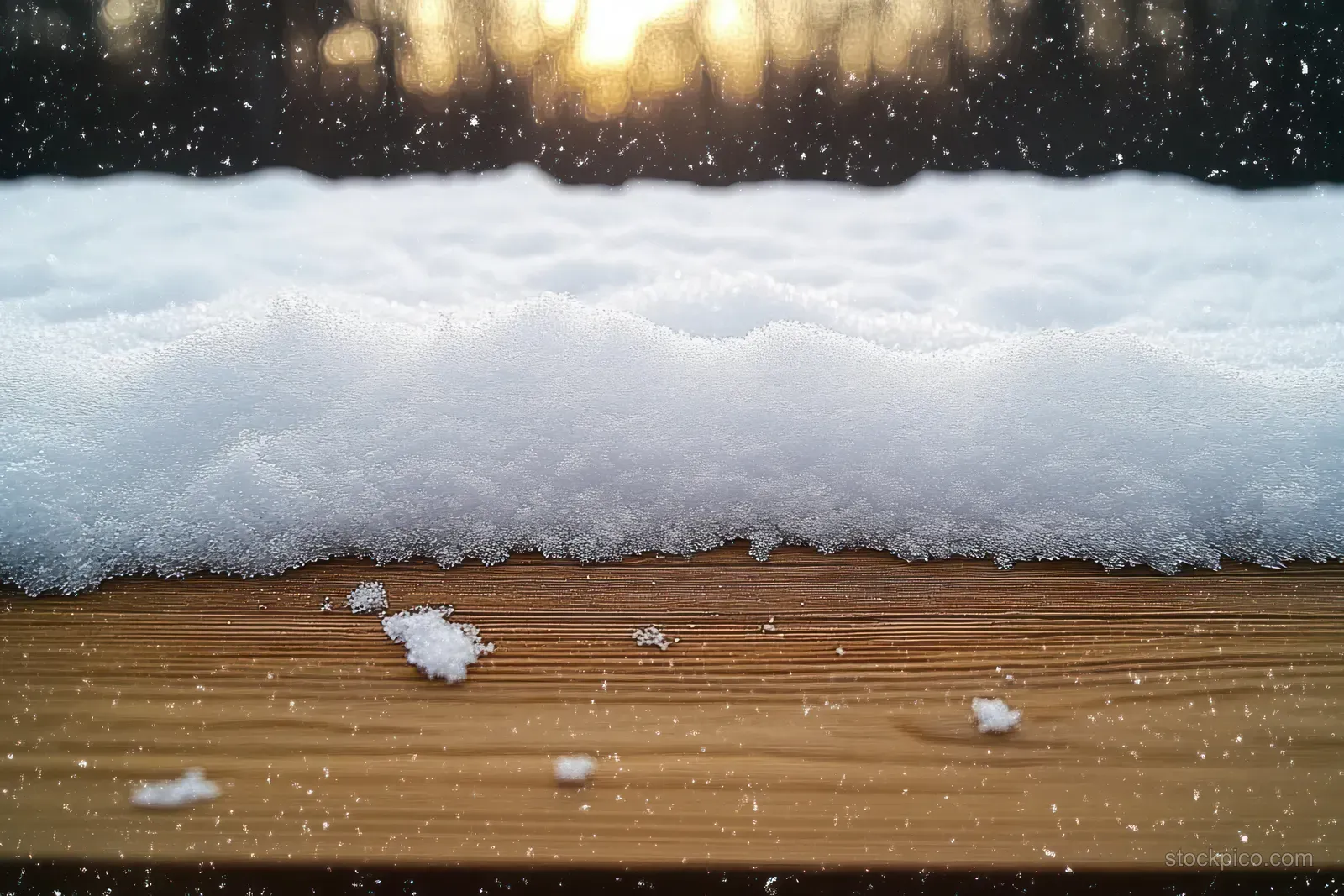 Snow blankets wooden planks while small snowflakes fall through warm winter sunlight.