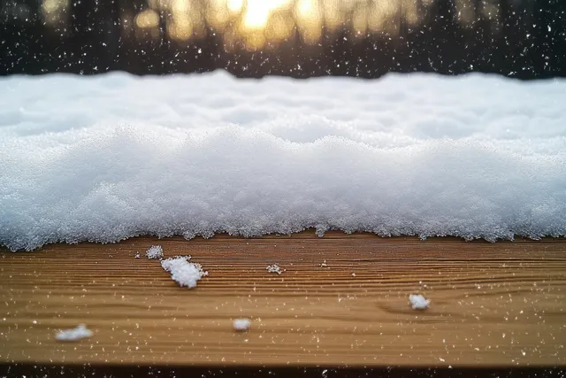 雪花在温暖的冬日阳光中飘落，木板被积雪覆盖。