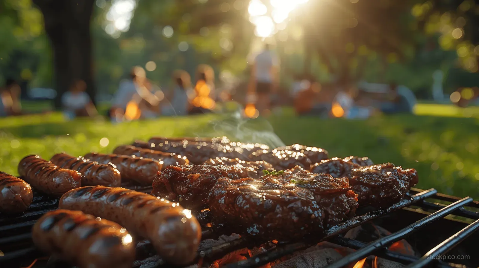 Sausages sizzling on a BBQ grill with a blurred group picnic in a sunny garden behind them.