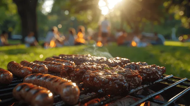 Sizzling barbecue sausages on a grill at a sunny garden picnic with friends