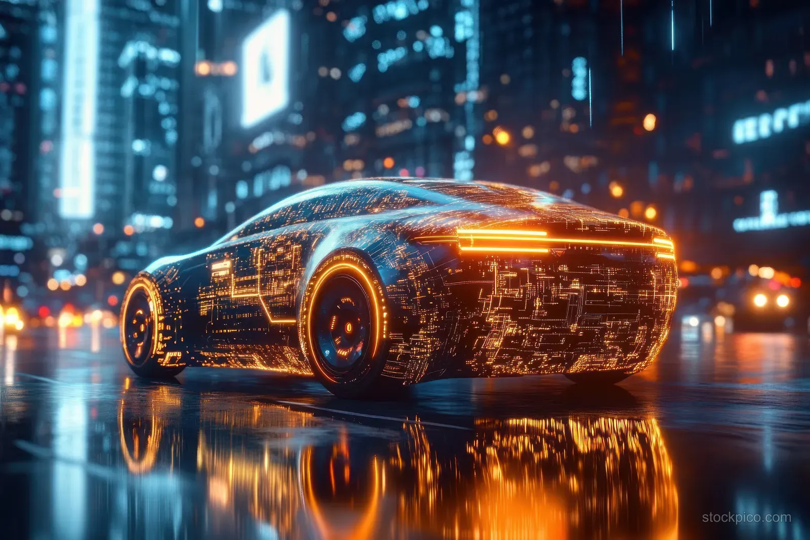 Futuristic sports car glowing with orange and blue circuit patterns reflected on a wet neon-lit city street at night.