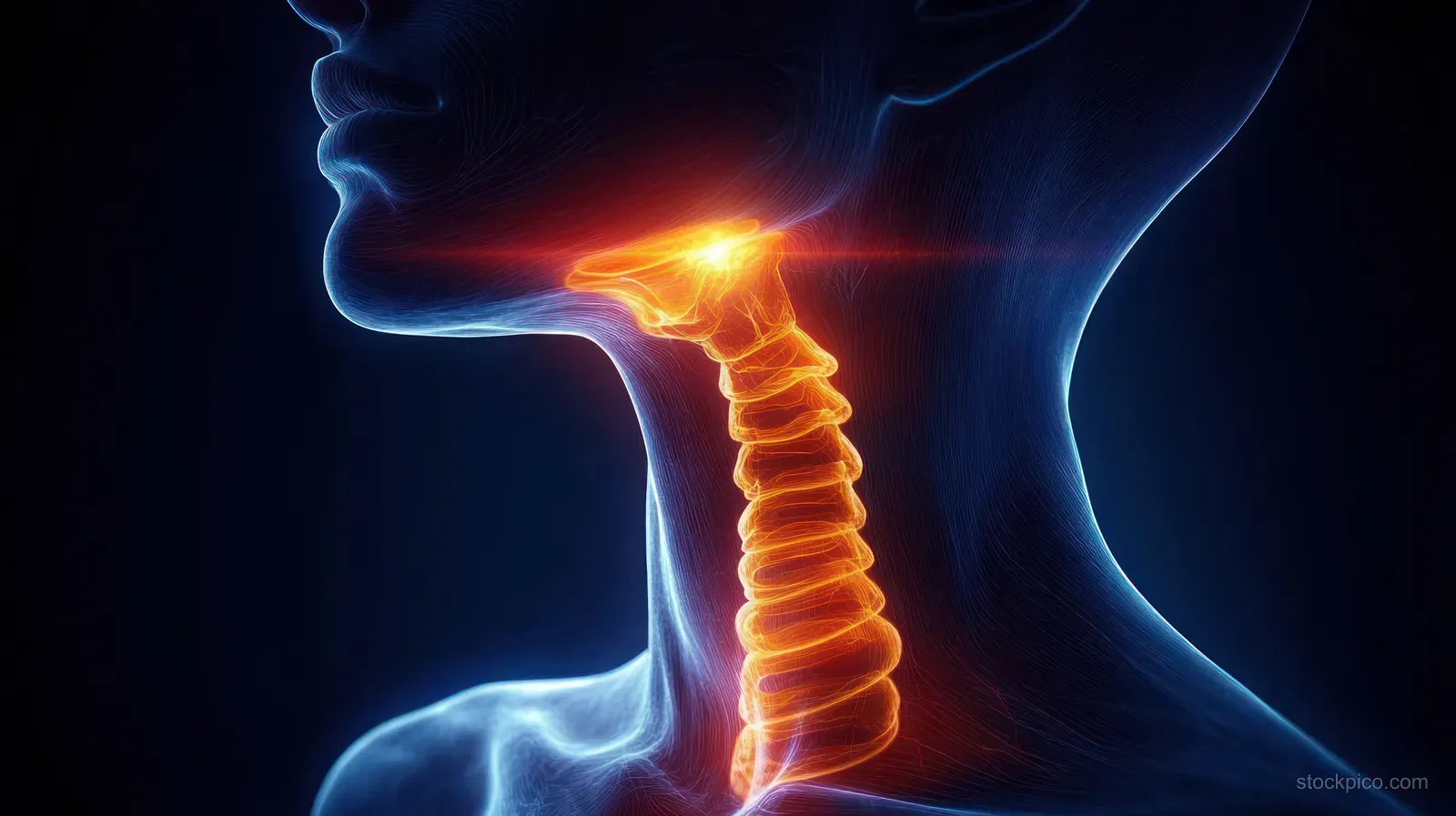 Side view anatomical rendering showing glowing cervical vertebrae and throat area against a dark blue background.