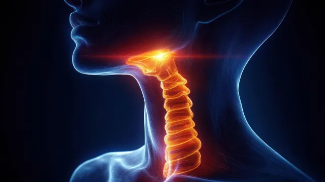 Side view anatomical rendering showing glowing cervical vertebrae and throat area against a dark blue background.