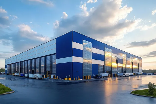 Blue and white logistics warehouse with loading docks and trucks parked beside the dock under a cloudy sunset sky.