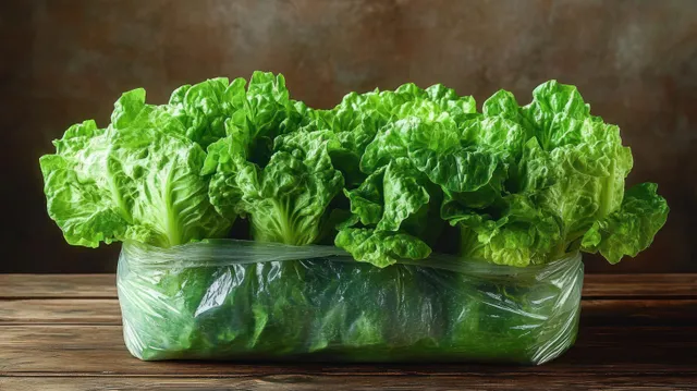 Fresh green lettuce heads wrapped in clear plastic rest on a rustic wooden table.