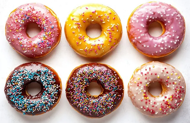 Six glazed donuts with pink, yellow, chocolate, and white icing arranged in two rows on a white background, covered in sprinkles.