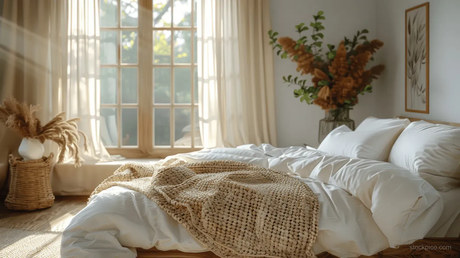 White bed linens with a beige blanket are illuminated by morning sunlight through a bedroom window.