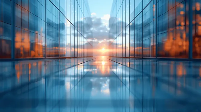 Futuristic glass bar graph reflections on wet concrete floor between modern building corridors