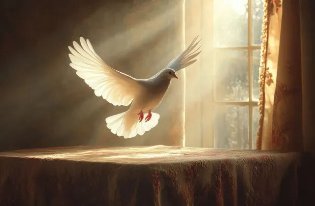 A white dove flies above a table indoors while sunlight streams through a window behind it.