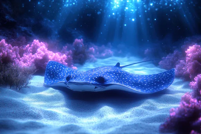 A blue-lit stingray glides over a sandy seabed under glowing rays between faint coral silhouettes.