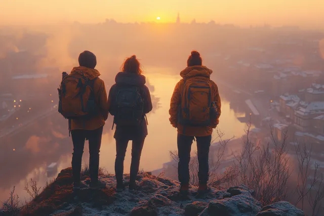 Three friends stand on a rocky viewpoint overlooking a river and city at sunset.