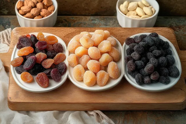 Three white bowls of dried fruits on a wooden board with nut bowls visible behind them on a rustic table.