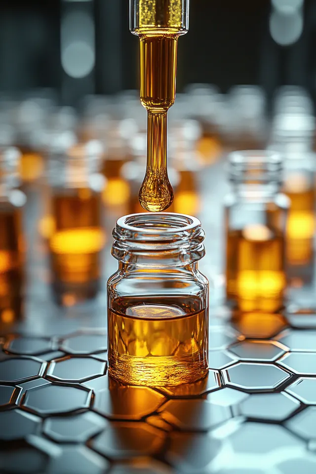A dropper pours a golden droplet into a small glass vial on a reflective hexagonal surface.