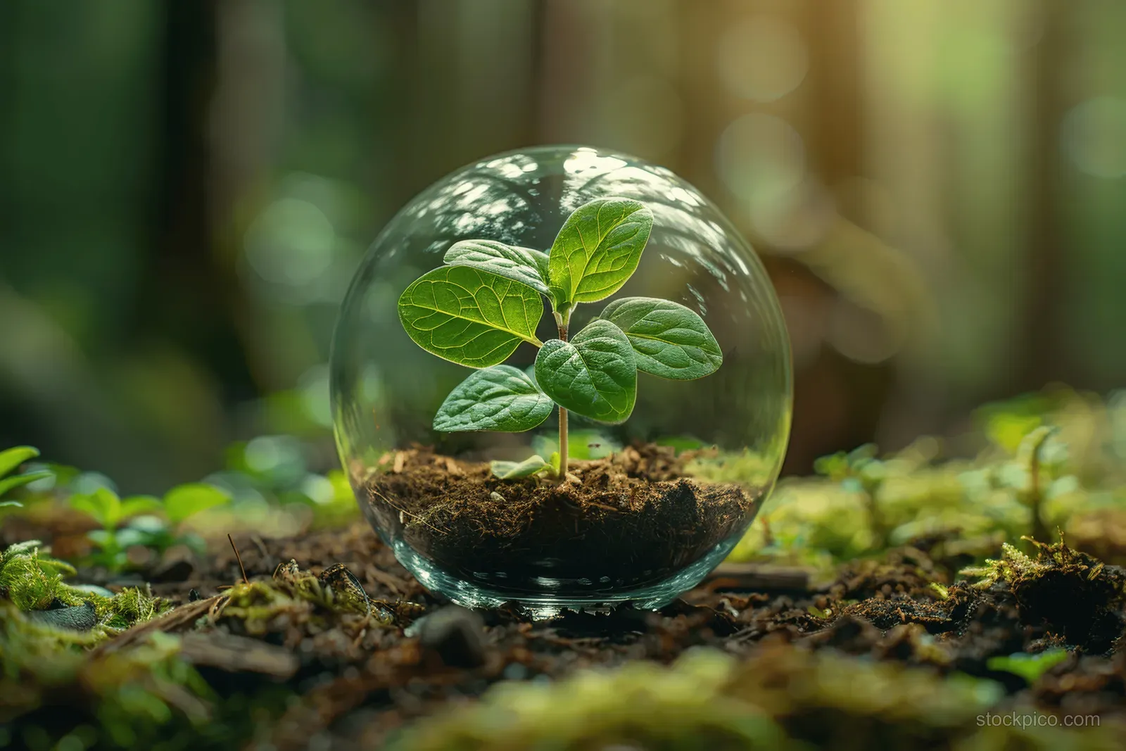 A clear glass sphere holds a growing sapling in soil on moss with a blurred forest background.