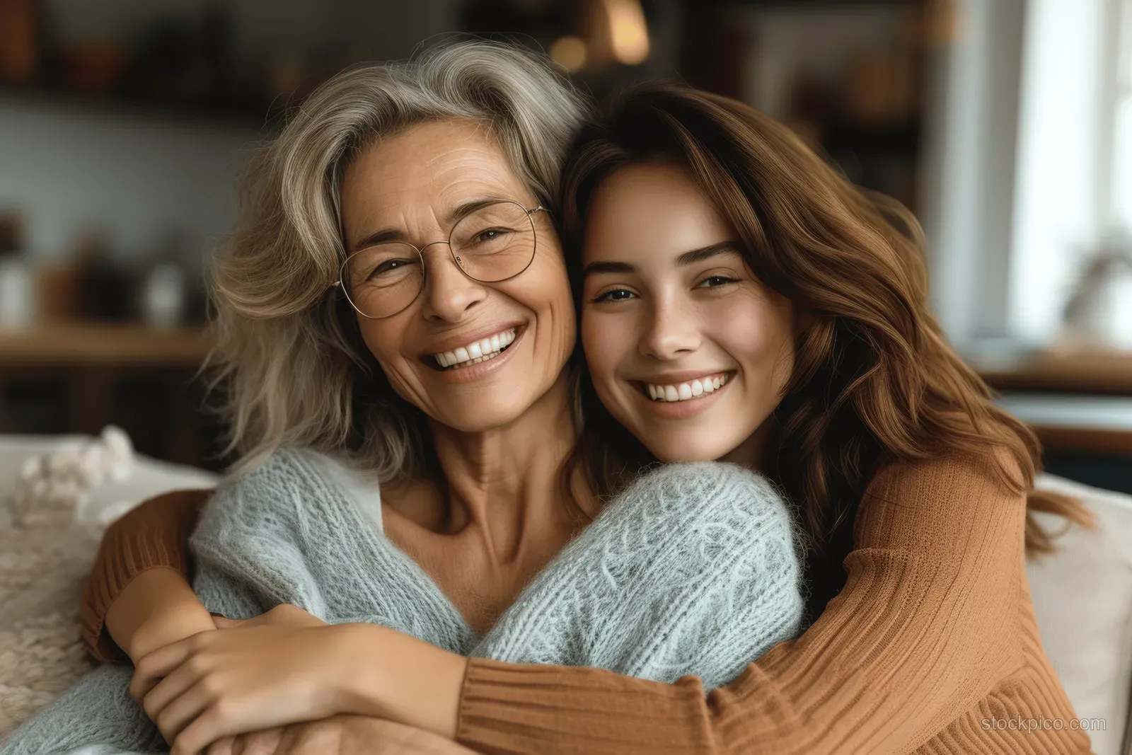A senior mother and adult daughter hug on a couch in a cozy living room during a relaxed moment together.