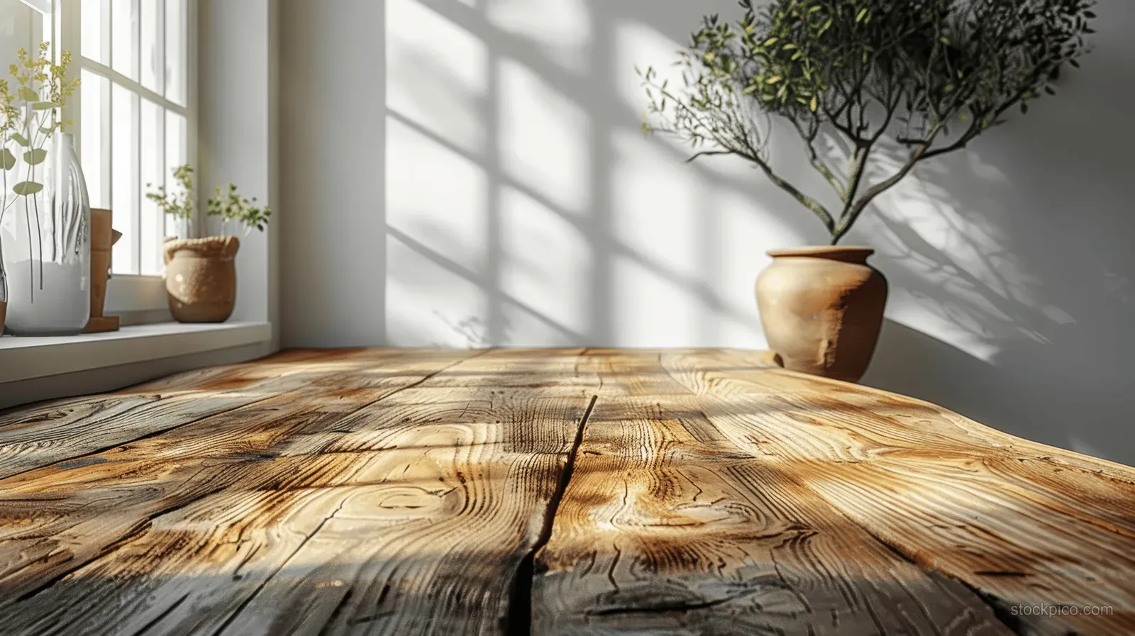 Minimal natural wood table in a sunlit room with visible grain, soft shadows, and a potted tree vignette.