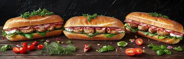 Three meatball sandwiches on a wooden board with lettuce, radish slices, herbs, and cherry tomatoes.