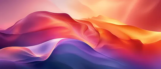 Pastel gradient abstract waves flow over layered mountain-like silhouettes in soft sunrise colors.