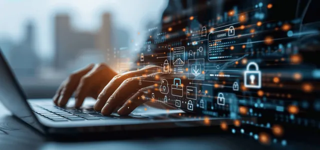 A person typing on a laptop with floating lock icons over a glowing secure network.