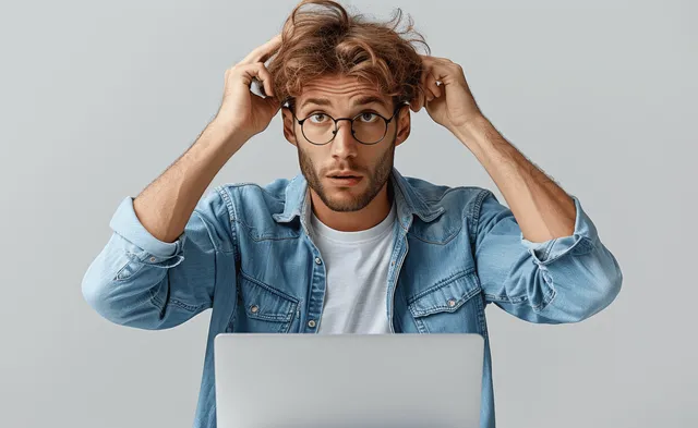 Frustrated man in glasses holding his head and staring at a laptop screen on a gray background.