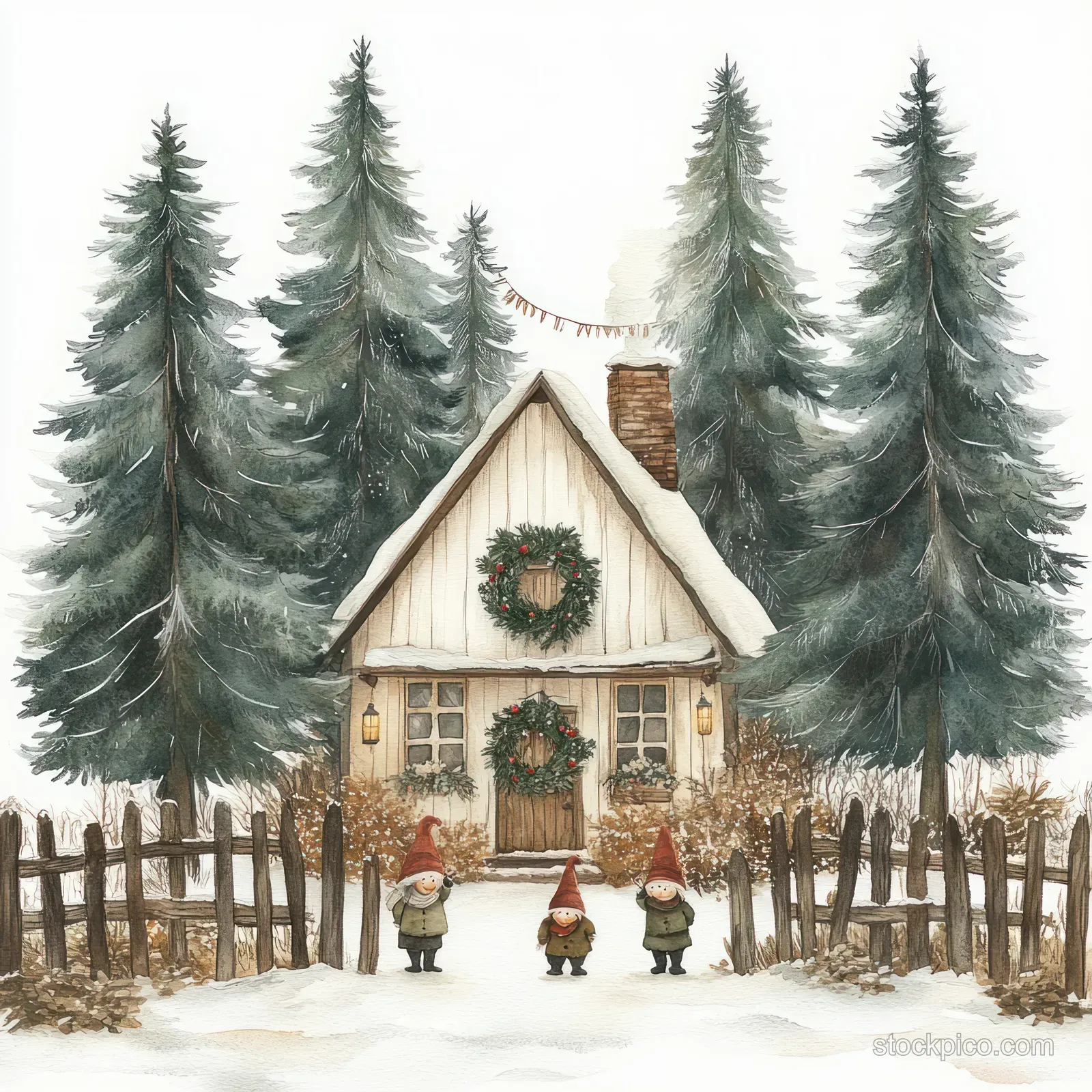 A watercolor cottage in snowy winter with wreaths, gnomes by the door, and tall pine trees behind a wooden fence.