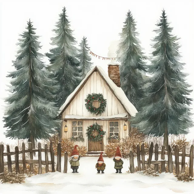 A watercolor cottage in snowy winter with wreaths, gnomes by the door, and tall pine trees behind a wooden fence.