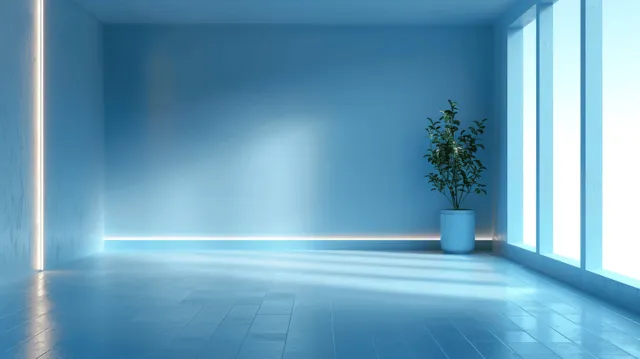 Minimalist blue interior room with neon strip lighting, bright window, and an empty smooth floor.