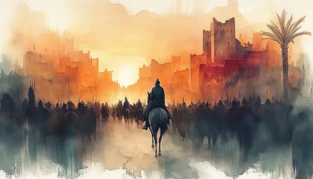 Jesus rides into Jerusalem on Palm Sunday, watercolor procession with golden light