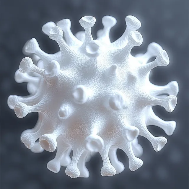 White spherical virus model with textured surface and outward spike proteins on a blurred gray background.