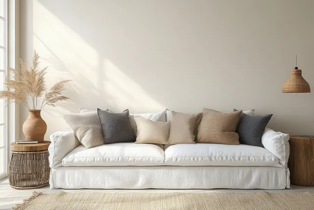 White sofa with neutral cushions sits beside a wooden side table in a bright Scandinavian living room.