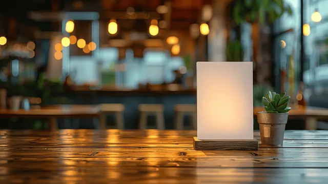 A blank menu holder sits on a wooden cafe table while the background shows blurred warm bokeh lights and seating.