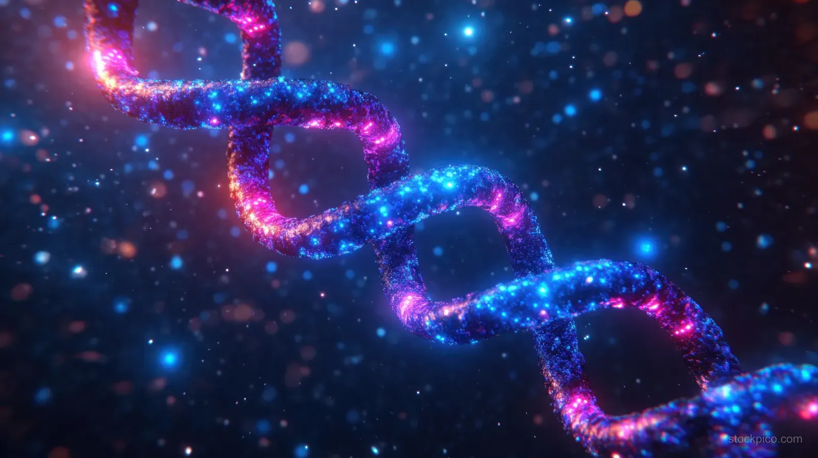 Glowing DNA strands twist through a futuristic cosmic background with scattered blue and pink light particles.