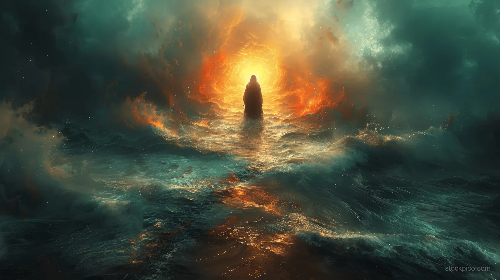 A Jesus-like figure walks on stormy ocean at night, glowing light and fiery hands illuminating the waves.